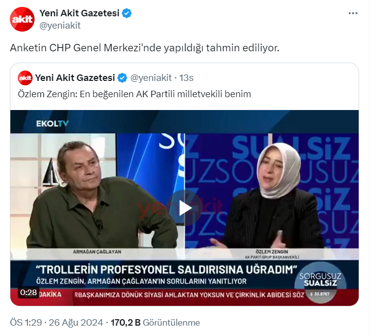 Yeni Akit'in Özlem Zengin Hakkında Yaptığı Paylaşım