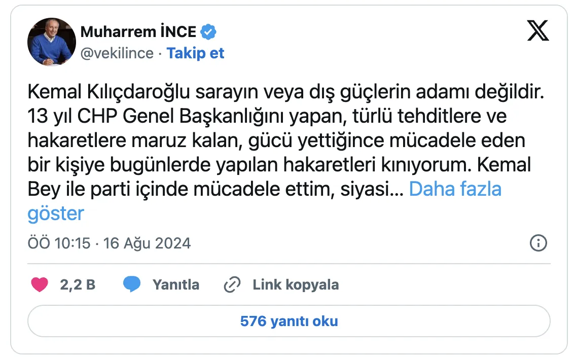 Muharrem İnce'den Kemal Kılıçdaroğlu'na Destek