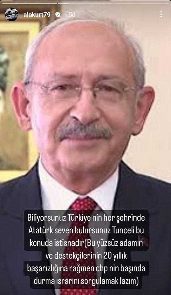 "Biliyorsunuz Türkiye'nin her şehrinde Atatürk seven bulursunuz. Tunceli bu konuda istisnadır. Bu yüzsüz adamın ve destekçilerinin 20 yıllık başarızlığına rağmen CHP'nin başında durma ısrarını sorgulamak lazım." diyen Alakurt, hem Tunceli halkına hem de Kılıçdaroğlu'na yönelik sözleriyle tartışma yarattı.