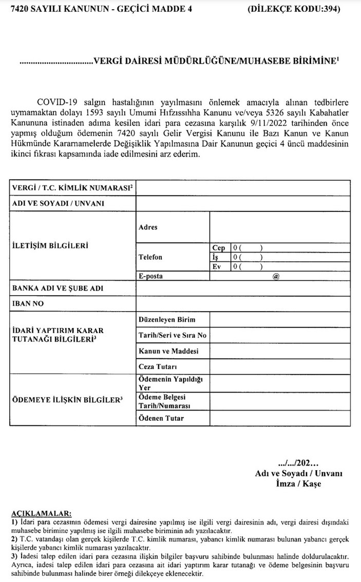 Koronavirüs cezalarının iadesiyle ilgili başvuru formu Resmi Gazete'd