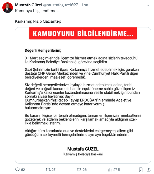 Karkamış Belediye Başkanı Mustafa Güzel